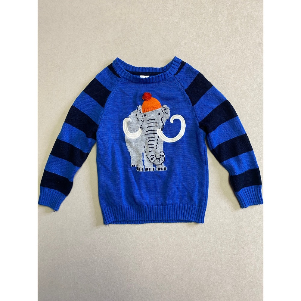 Gymboree Boys Blue Woolly Mammoth Knit Sweater Striped Sleeves 5T